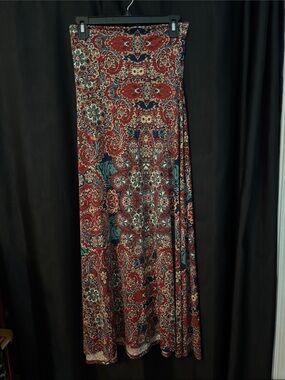 LuLaRoe Red Paisley Maxi Skirt with Teal & Navy Accents